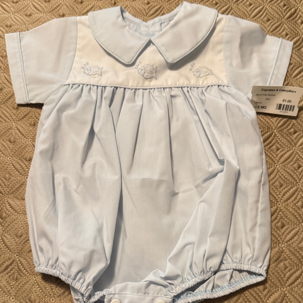 Araluz Light Blue Baby Bubble Romper with Fish Embroidery